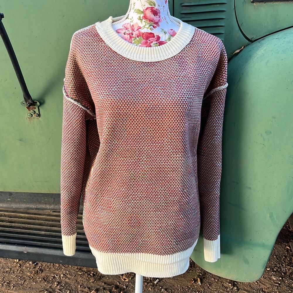 New Crew Neck Ivory Floral Knit Sweater with Red, Blue, Green, Orange Flowers - Picture 16 of 17